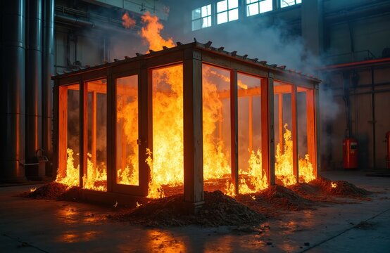 Wooden structure with glass walls engulfed in intense flames during a fire resistance test. Smoke rises as fire burns intensely inside laboratory conditions, showing destructive heat and danger.