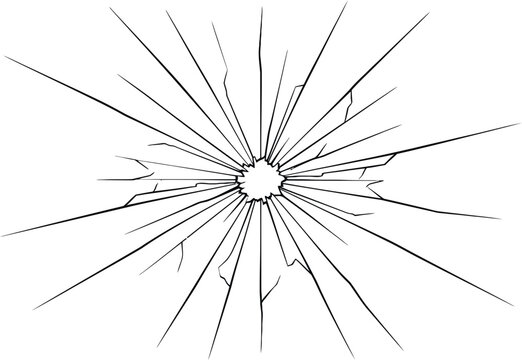 Cracked glass with sharp radial fractures and central impact point