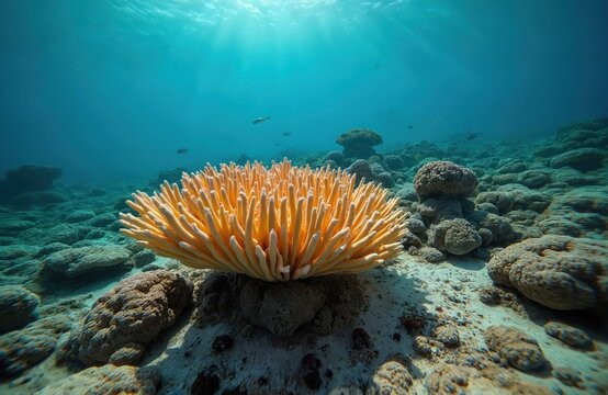 Underwater view of Elkhorn coral reef in Caribbean sea. Sunlight beams through blue ocean surface illuminating marine life. Rocky seabed shows diverse aquatic ecosystem.