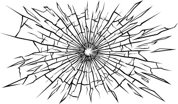 Cracked glass with sharp shards radiating from central impact point