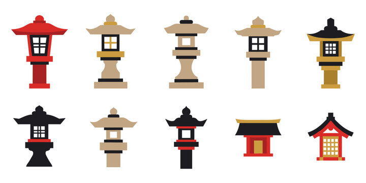 Japanese stone lantern toro icons for garden design and vector illustration in traditional oriental style