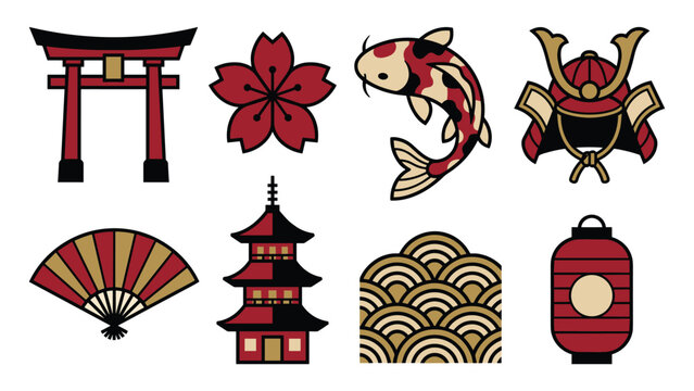 Japanese symbols with koi fish torii gate and vector illustration for travel or oriental art design