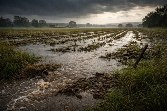 Field flooded due to ineffective rainwater drainage causing water accumulation
