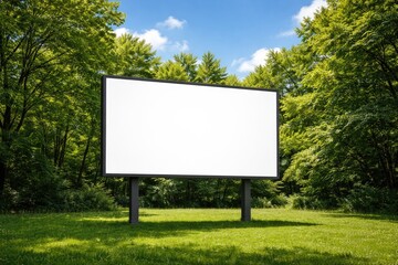 Fototapeta premium Vacant marketing display placed in front of dense verdant trees under a sunny blue sky