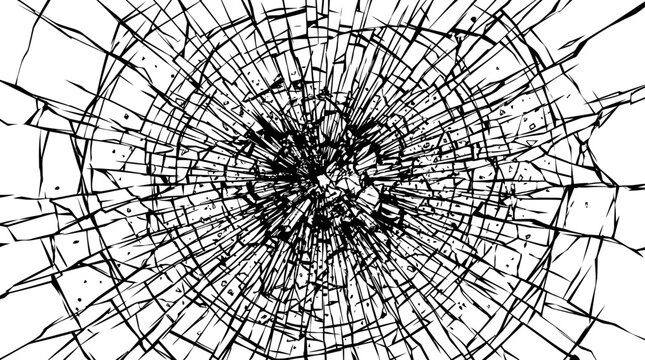 Cracked glass with sharp broken shards and fragments scattered everywhere