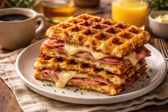 Grilled waffle side with toasted ham and creamy cheese sandwich on a dish in a cozy breakfast nook