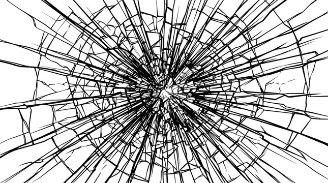 Cracked glass with sharp shards radiating outward on a white background