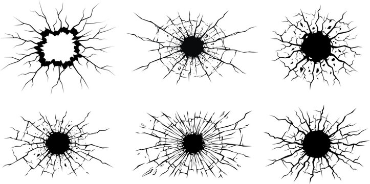 Shattered glass cracks and breaks in various explosion impacts