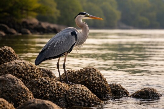 Heron bird positioned on rugged barnacle covered stones beside peaceful river waters