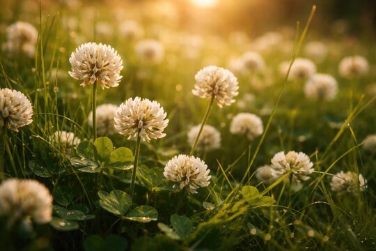 Detailed view of trifolium repens flowers under warm summer evening sun with lush lawn grass