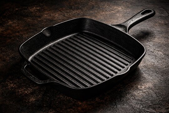 Textured black cast iron grill pan with ribbed surface and rough backdrop