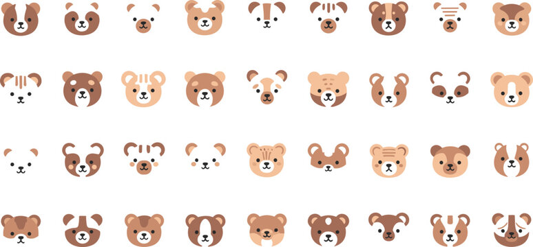 Cute bear face icon set with multiple expressions and variations in flat cartoon style for kids design, stickers, emojis and character illustration