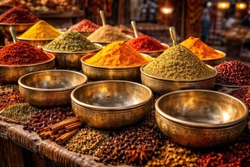 Fototapeta premium Brightly filled spice vessels showcased at an exotic market stall featuring copyspace
