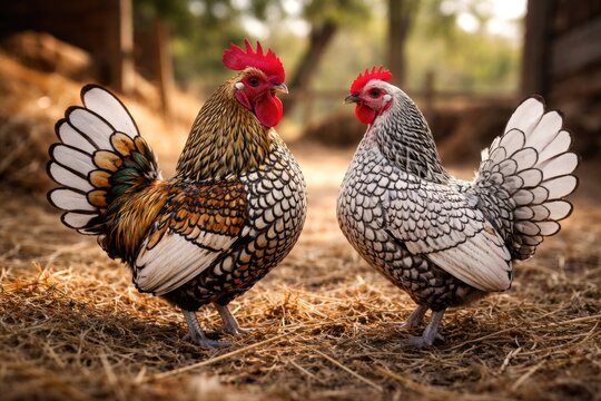 Colorful sebright chickens displaying their attractive plumage and small size