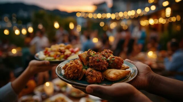 Close-up of hands passing samosas across a table, mixed plates of pakoras, fruit, and drinks, warm glow of string lights, diverse neighbors enjoying communal iftar on a balcony at