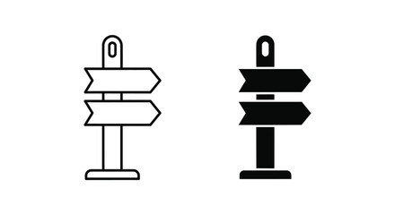Wooden directional sign post in outline and silhouette style vector graphic icon set © Stock
