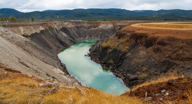Tailings dump ecosystem affected by water effluent from processing pipe