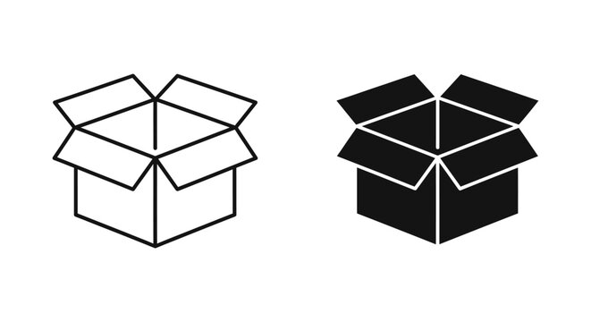 Open empty cardboard box in outline and silhouette style vector icon graphic element