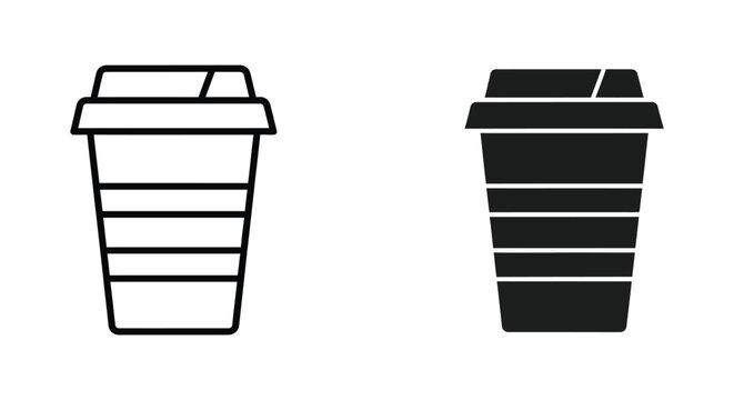 Disposable coffee cup with lid in outline and silhouette style vector icon set asset
