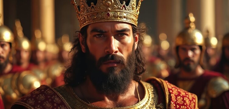 Emperor Justinian I wears ornate crown and royal robes, stands with soldiers. Byzantine ruler leads army, signifying power, authority, empire, and history. Majestic regal figure, cinematic portrait.