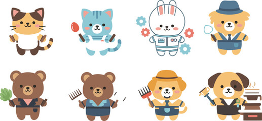 Obraz premium Cute farmer animal characters set with cat, rabbit, bear and dog in agriculture roles in kawaii cartoon style for kids design and illustration