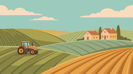 Naklejka premium Stylized rural landscape with tractor, farmhouses, and cultivated fields