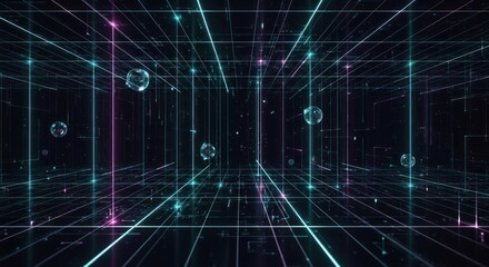 Obraz premium Abstract Digital Network Grid with Floating Spheres and Light Trails.
