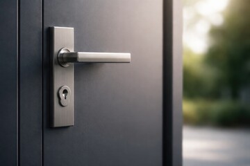 Naklejka premium Contemporary door handle and keyhole on sleek exterior door with copy space for text