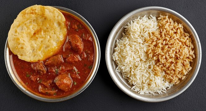 Tender red beef roast curry accompanied by parotta and puttu with aromatic ghee rice on dark backdrop