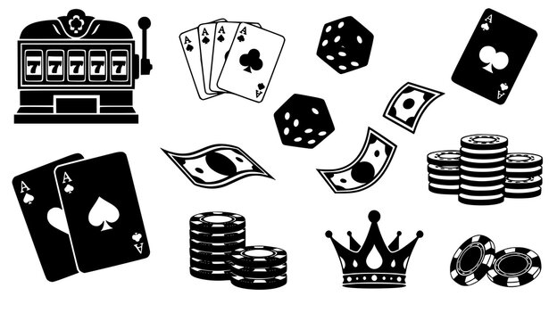 Trendy casino monochrome icons with slot machine cards dice money and crown vector collection