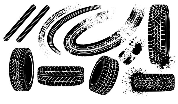 Modern tire tread texture set with drift skid marks and racing wheel tracks vector design