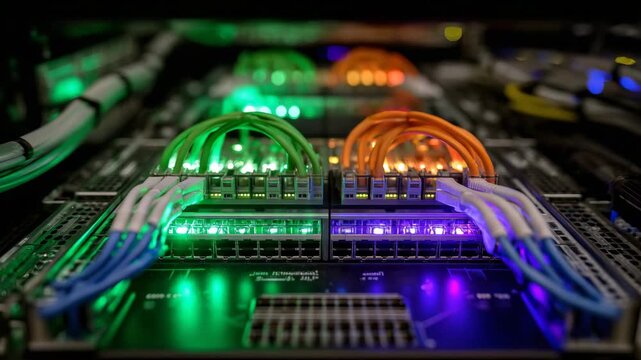 Close-up of server hardware with fiber cables plugged into interface panels, cables arranged by color, small LED lights showing network activity, clean and organized system environ