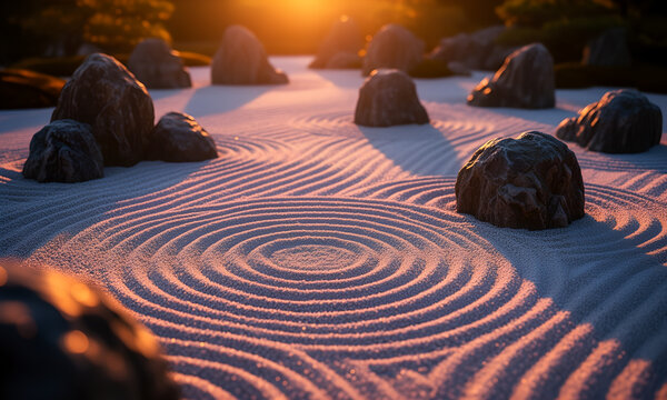 Peaceful Japanese Zen garden with circular raked sand patterns and boulders under a warm sunset light