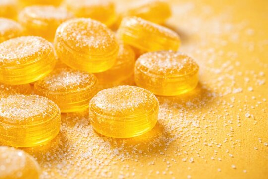 Yellow edible hard candy featuring a sugary flavor and copy space