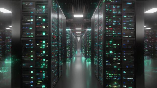 Modern Data Center Corridor with Rows of Green-Glowing Server Racks and Network Hardware Components