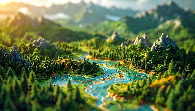 Detailed Miniature Forest and Mountain Terrain with Winding River, Scenic Landscape for Dioramas and Gaming