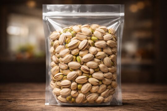 Clear plastic bag filled with shelled pistachios showcasing packaging design space