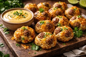 Fototapeta premium Horizontal layout of cheddar cheese sausage bites garnished with cilantro and accompanied by dipping sauce
