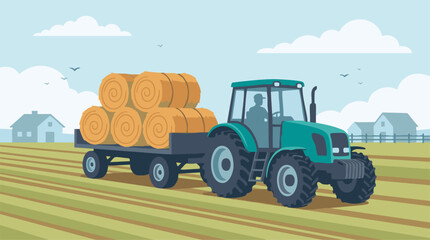 Obraz premium Farmer driving tractor pulling hay bales through a rural field