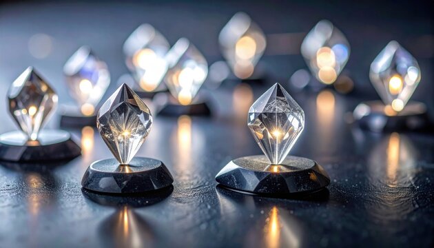 Illuminated faceted crystal gem-like markers glowing on a dark reflective surface