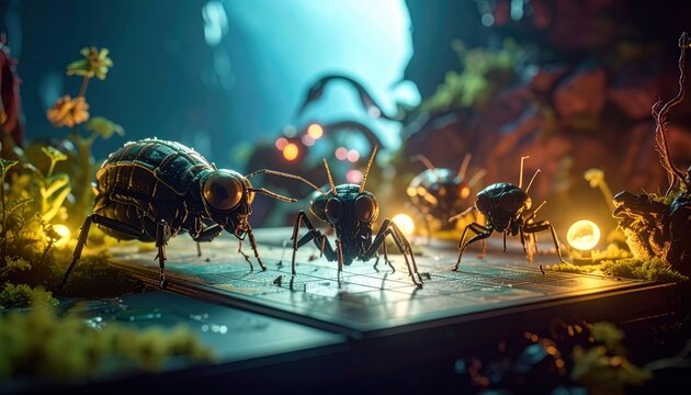 Miniature alien insectoid creatures poised for invasion on a strategic game board, a chilling scene.