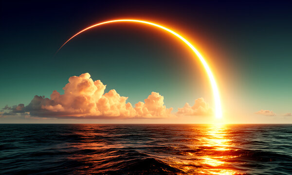 Cinematic glowing golden rainbow arc over calm dark ocean with fluffy clouds at sunset