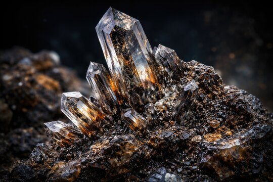 Detailed view of monoclinic crystal structure in iron manganese tungsten ore against deep backdrop