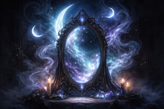 Mystical fantasy artwork featuring a prophetic mirror surrounded by swirling smoke and neon lunar illumination on a somber backdrop