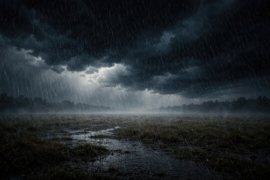 Heavy rainstorm moving across empty field