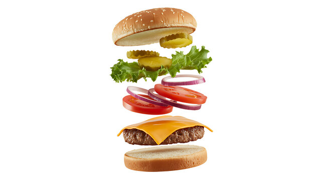 Floating burger ingredients set with sesame bun meat patty cheese tomato onion lettuce and pickles on transparent layer.