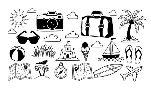 A collection of black and white vector icons for summer vacation travel