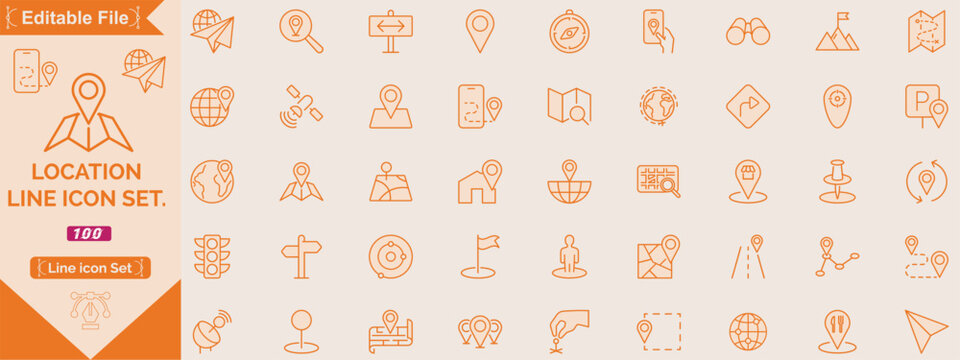 Map and location icon set. Navigation, GPS, direction, travel, route, destination, road, navigator icons. Thin line editable stroke vector illustrations.