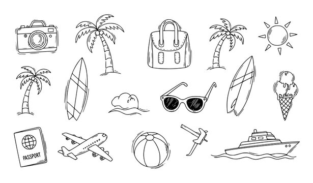 A collection of black and white line art illustrations for summer vacation travel