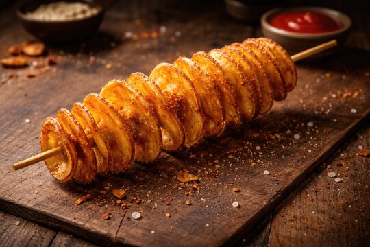 Unhealthy fried tornado potato snack on wooden stick and copy space